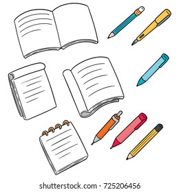vector set of notebook, pen and pencil