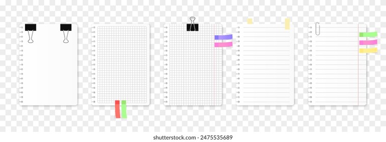 Vector set of notebook sheets png. Notebook sheets with a paper clip, push pin, adhesive sticker png.