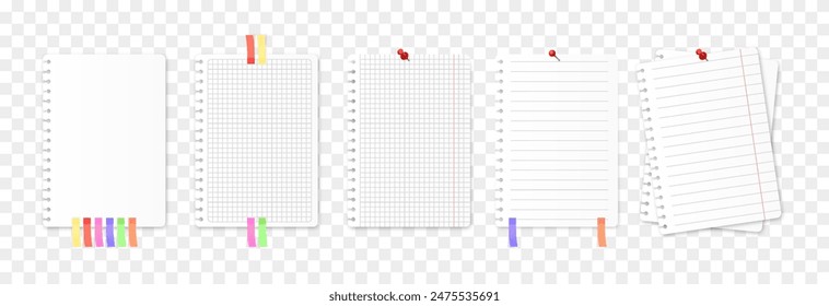 Vector set of notebook sheets png. Notebook sheets with a paper clip, push pin, adhesive sticker png.