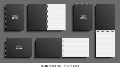 Vector set of notepads with black covers in vertical and horizontal layout orientations with lined pages.