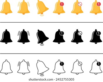 Vector set of notification bells icons. Call and notification for watches and smartphones, alarm notifications, messages.
