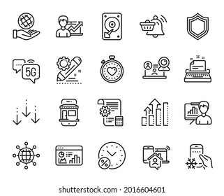 Vector set of Notification cart, Video conference and Scroll down line icons set. Settings blueprint, Project edit and 5g internet icons. Hdd, Seo statistics and Safe planet signs. Vector