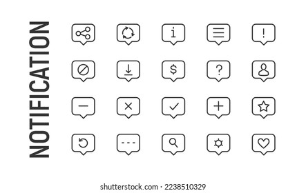 Vector set of notification thin line icons. Design of 20 stroke pictograms. Signs of notification isolated on a white background.