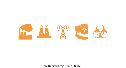 Conjunto vetorial de ícones relacionados a usinas de energia nuclear, incluindo torres de resfriamento, símbolos de radiação e visuais de infraestrutura de energia para ciência, segurança ou design de energia