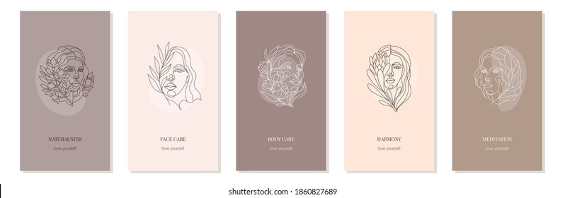 Vector de antecedentes de chica desnuda con flores para historias. Retratos en estilo minimalista de moda con espacio para copiar texto. Diseñar plantillas para historias o impresiones de medios sociales. Sencillo y moderno