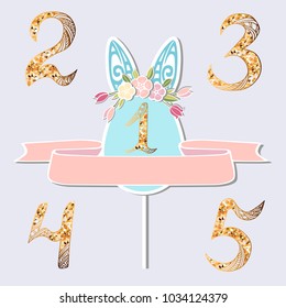 Vector set with number One, Bunny ears and flower wreath. Topper or decoration for Baby Birthday, party invitation, greeting card. Gold Numbers as anniversary logo, patch, sticker