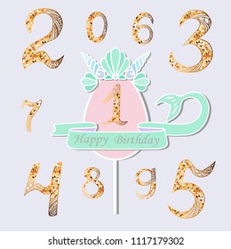 Vector set with number One, Mermaid tail, Sea Shell Crown. Topper or decoration for Mermaid style party, Baby Birthday, invitation, greeting card. Gold Numbers as anniversary logo, patch, sticker