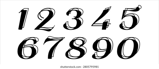 Vector set of numbers 0 through 9, 3D black-and-white concept; suitable for jersey back-number printing or other applications.