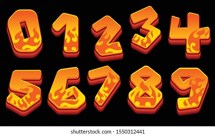 Vector set of numbers 0-9 in fire, 3D style isolated on black background