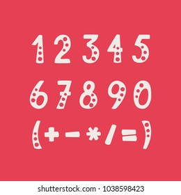 Vector set of numbers and mathematical symbols. Objects isolated on red background.