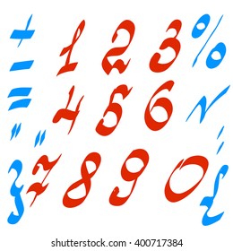 Vector set of numbers and mathematical symbols. Written brush by hand.