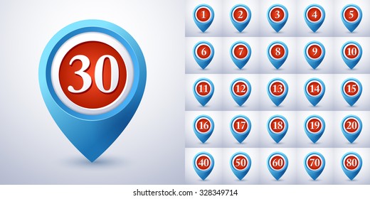 vector set of numbers pin marker icon template with shadow for gps or map color tour colour map travel index abstract background scene point red guide sign site business blue place road set curve conc