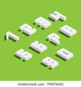 Vector set with numbers sequence from 1 to 9 and zero, drawn in isometry. Isolated on bright green background collection