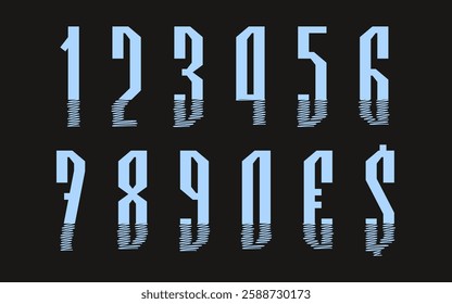 Vector set of numbers and symbols with a glitch-inspired stroke effect. Light blue digits on a black background. Ideal for futuristic posters, digital branding, and tech visuals.