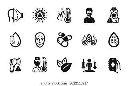Juego de vectores de Enfermeras, Termómetro alto y Coronavirus inyecciones iconos conjunto simple. Sin alcohol, termómetro electrónico e iconos de máscaras médicas. Enfermera símbolo web simple. Vector
