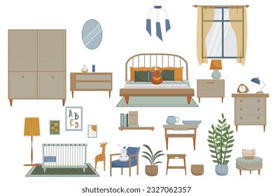 Conjunto vectorial del interior del vivero. Ilustración plana, mobiliario de estilo escandinavo.