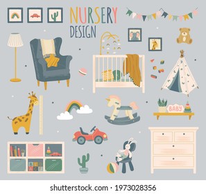 Vector set of nursery room accessories and furniture. Home kid room modern interior design elements. Hand drawn isolated objects. Crib, toys, storage cabinet