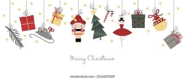 Vector set of nutcracker, Christmas Ballet. Merry Christmas and happy new year concept background for banner, invitation, decoration. 