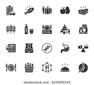 Vector set of nutrition flat icons. Contains icons meal plan, food basket, vegetables, fruits, vitamins, protein, food pyramid, metabolism and more. Pixel perfect.