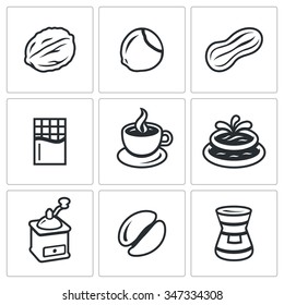 Vector Set of Nuts, Chocolate and Coffee Icons. Walnut, Hazelnut, Peanut, Bar, Mug, Fountain, Grinder, Kernel, Bank