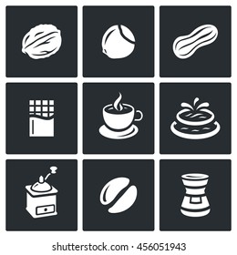 Vector Set of Nuts, Chocolate and Coffee Icons. Walnut, Hazelnut, Peanut, Bar, Mug, Fountain, Grinder, Kernel, Bank