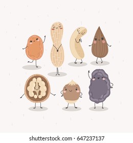 Vector set of nuts and dried fruits. Dancing orange dried apricot, peanut, almond, walnut, hazelnut, prune isolated on a white background