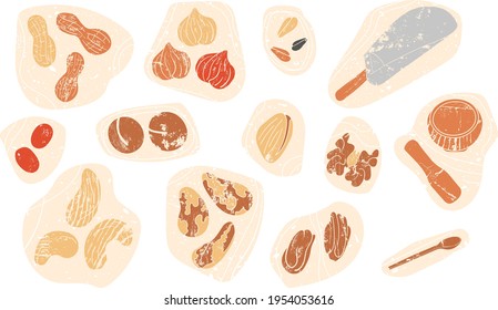 Vector set of Nuts, Seeds and Utensils. Included walnut, sesame, almond, peanut, cashew, sunflower seeds, hazelnut, pistachio, pine, brazil nuts isolated on pastel colored grunge covers. Snack mix.