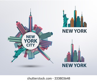 Vector set of NYC, New York City icons, logos, illustrations, banners. Skyline, Statue of Liberty