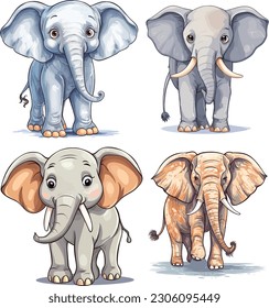 Vector set o elephants in different poses. african of asian mammal animals with large ears and long trunks