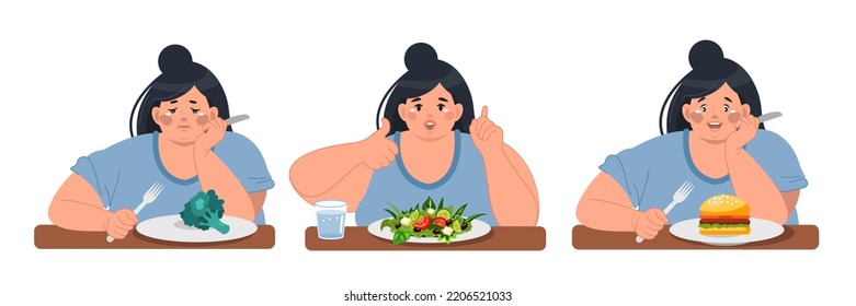 Vector set with an obese woman taking food. A happy woman eats a hamburger, and a sad woman eats broccoli. A girl on a diet eats salad. Healthy lifestyle or bad habits. Vector illustration