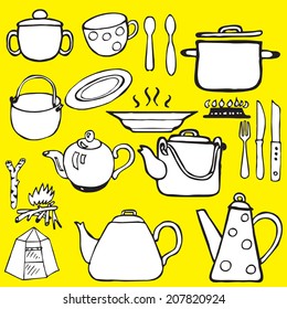 Vector set object  or pattern - dishes, cooking and tourist  accessories. 