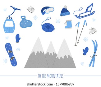 Vector set with objects for active winter. Cold season sport equipment set. Collection of items for spending holidays in mountains