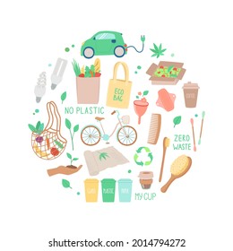 Conjunto vectorial de objetos el concepto de ecología, basura cero, productos de higiene natural, materiales ecológicos, menos plástico.