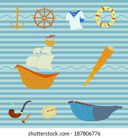 vector set of objects connected with ship and sea on a background of striped pattern