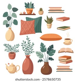 Vector set of objects for decorating a cozy environment. Books, pillows and indoor plants. The concept of rest, comfort and relaxation.