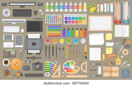 Vector set. Objects for design on the office desk. Top view. Workspace creator, artist, designer. Computer hardware and gadgets. Paints and stationery. Paper and desktop objects. (View from above)