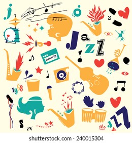 Vector set of objects, elements and symbols on the music, jazz themes. Vector illustration.