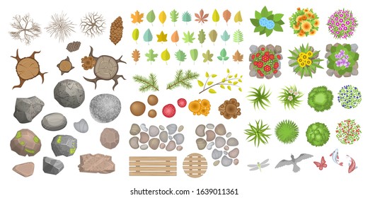 Vector set. Objects of a forest or park. Top view. Stumps, trees, bushes, grass, stains, stones, leaves, mushrooms, berries isolated on a white background. View from above.