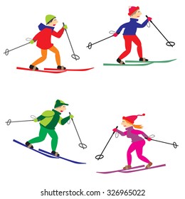 Vector set of objects funny cross-country skiers in multicolored clothes.