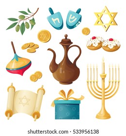 Vector set of objects for the Hanukkah holiday. Realistic style illustration with isolated objects on a white background.