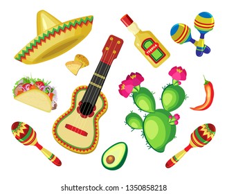 Vector set of objects for the holiday of Cinco de Mayo. Transparent background