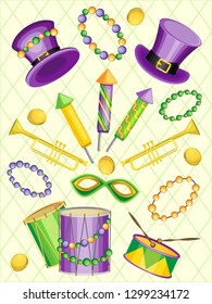 Vector set of objects for the holiday Mardi Gras. On a pastel yellow background with green contour rhombuses