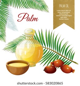 Vector set of objects on palm trees, its fruits and its application. Palm oil. Background and Label. Achieved in a realistic stile. Objects isolated