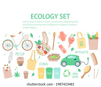 Vector set of objects on the topic of ecology, banner with copy space.