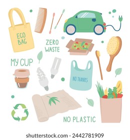 Vector set of objects on the topic of ecology, zero waste durable and reusable items or products. Eco bags, craft packaging, comb, toothbrush, natural hygiene products and other. Flat vector illustrat