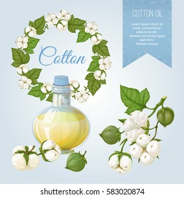 Vector set of objects on the topic of cotton, its fruits and its application. Cottonseed oil. Background and Label. Achieved in a realistic stile. Objects isolated
