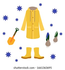 
vector set of objects for planting flowers, bright yellow rubber boots, shovel, raincoat and flower.