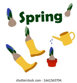 vector set of objects for planting flowers, bright yellow rubber boots, shovel, watering and flower.