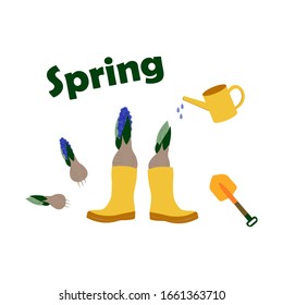 vector set of objects for planting flowers, bright yellow rubber boots, shovel, watering and flower.