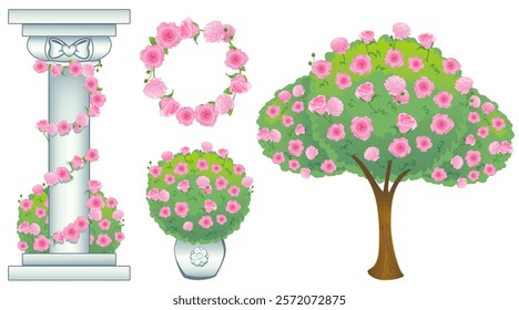 Vector set of objects with roses for design and illustrations, isolated on white background: column entwined with roses, vase with roses, wreath, standard tree roses.